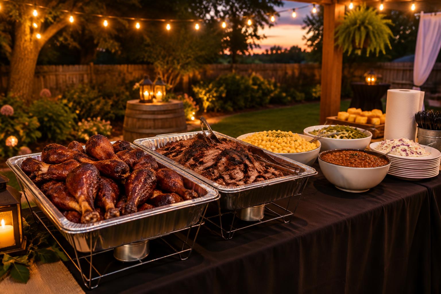 A backyard catering table laid out with smoked meats and sides under warm lights