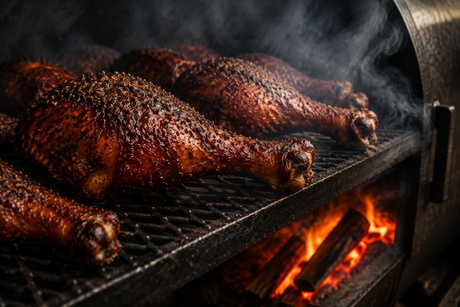 Smoked turkey legs resting on the grate of an oak-fired pit